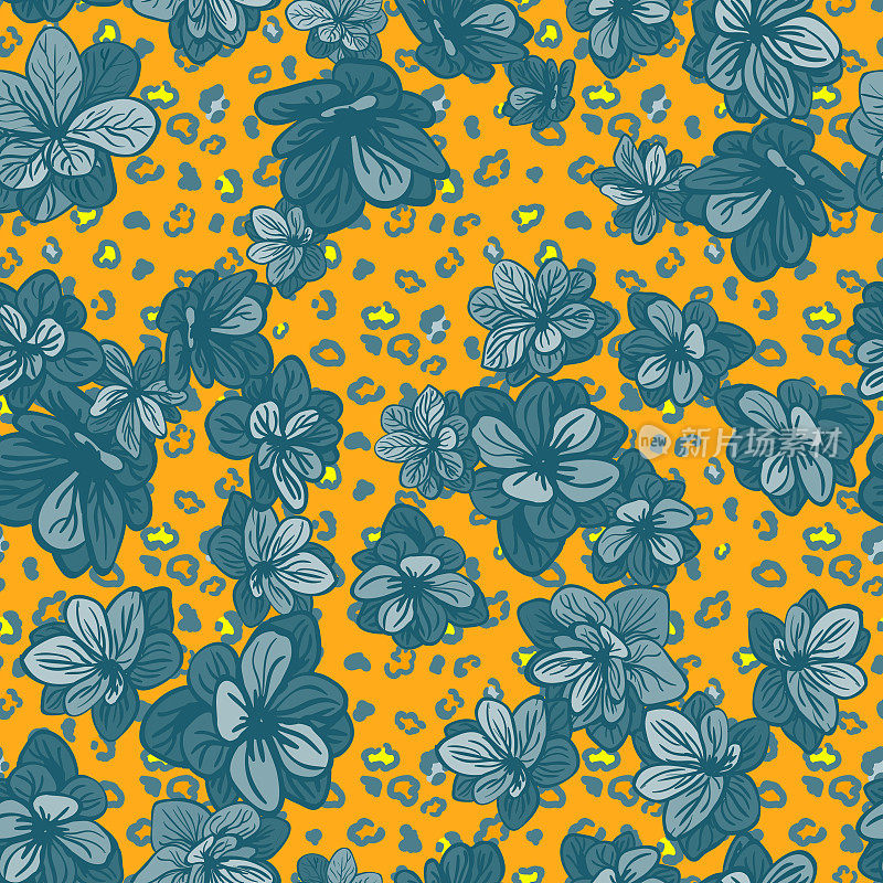 Colorful seamless pattern with leopard print and blue flowers